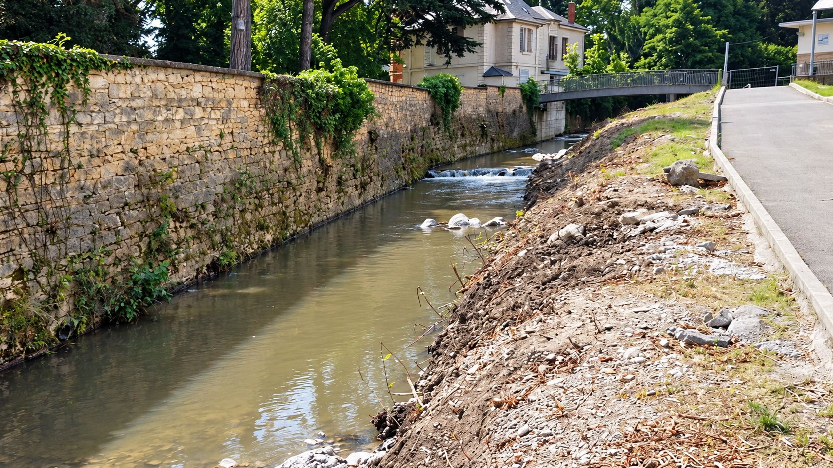 Une rivière aux eaux brunes longe un haut mur en pierre couvert de lierre, avec une berge de terre et de cailloux fraîchement remaniée à droite et un chemin goudronné.