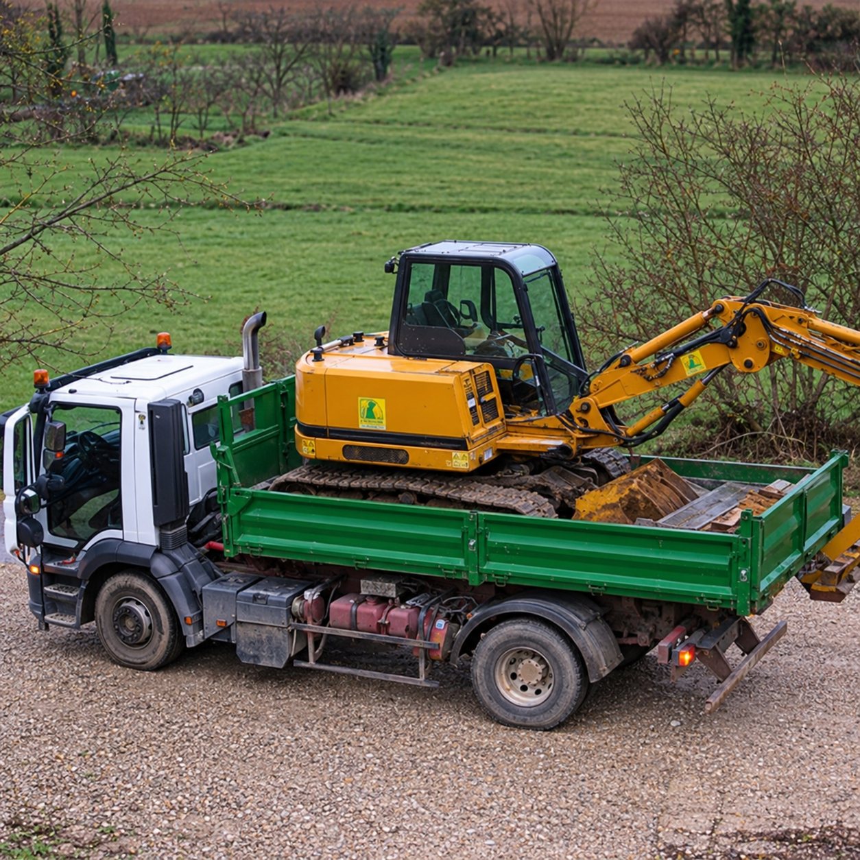 Un camion à benne verte transporte une mini-pelle jaune sur un terrain herbeux, près d'arbres.