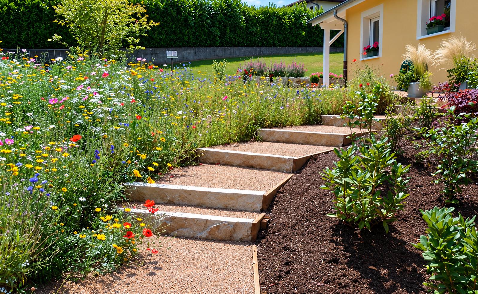 Un escalier en pierre claire et gravier traverse un jardin avec une prairie fleurie à gauche et un massif paillé à droite, devant une maison jaune.