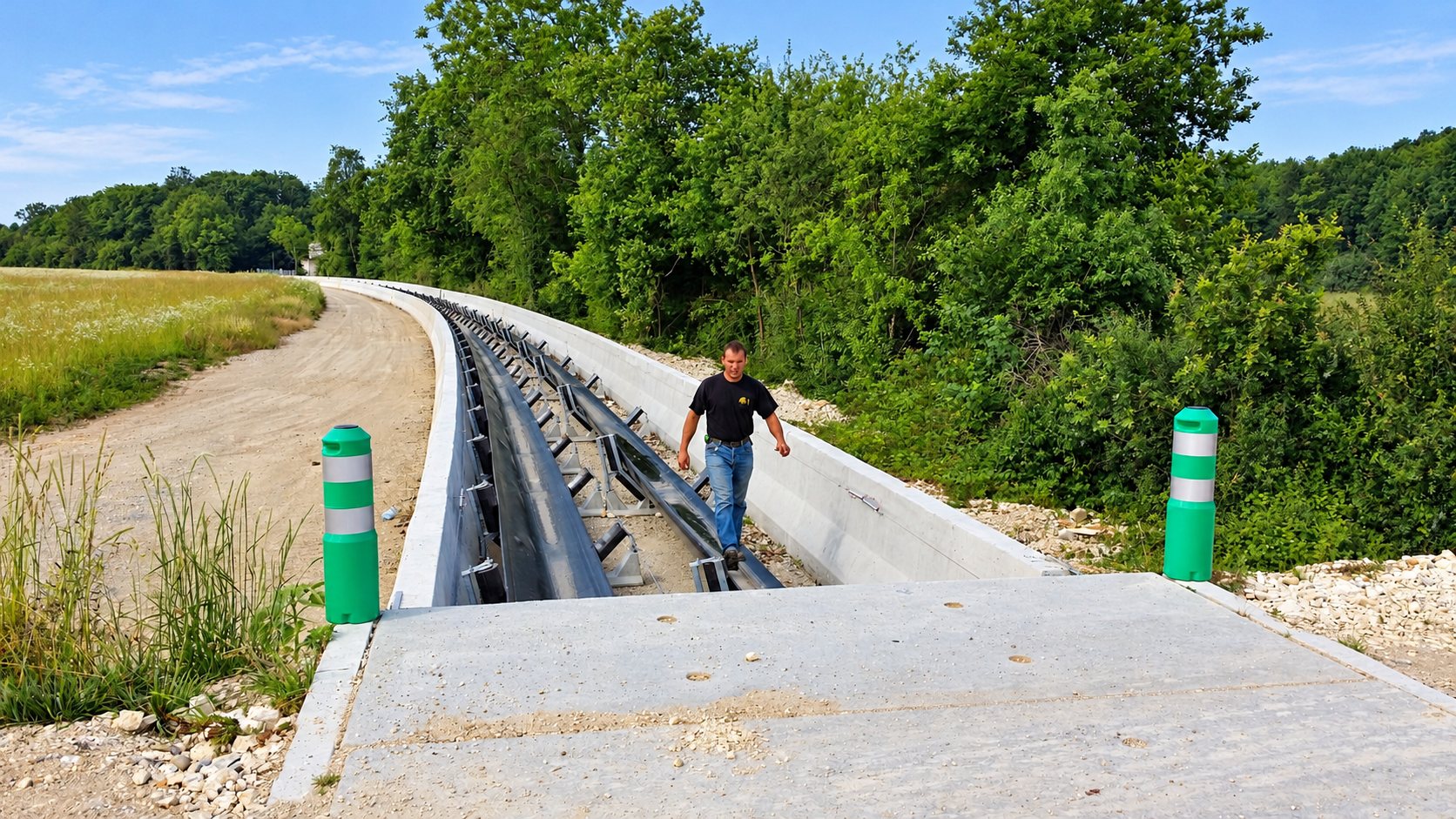 Un homme en t-shirt noir marche dans une tranchée en béton courbe contenant un convoyeur à bande, entre deux balises vertes en pleine campagne.