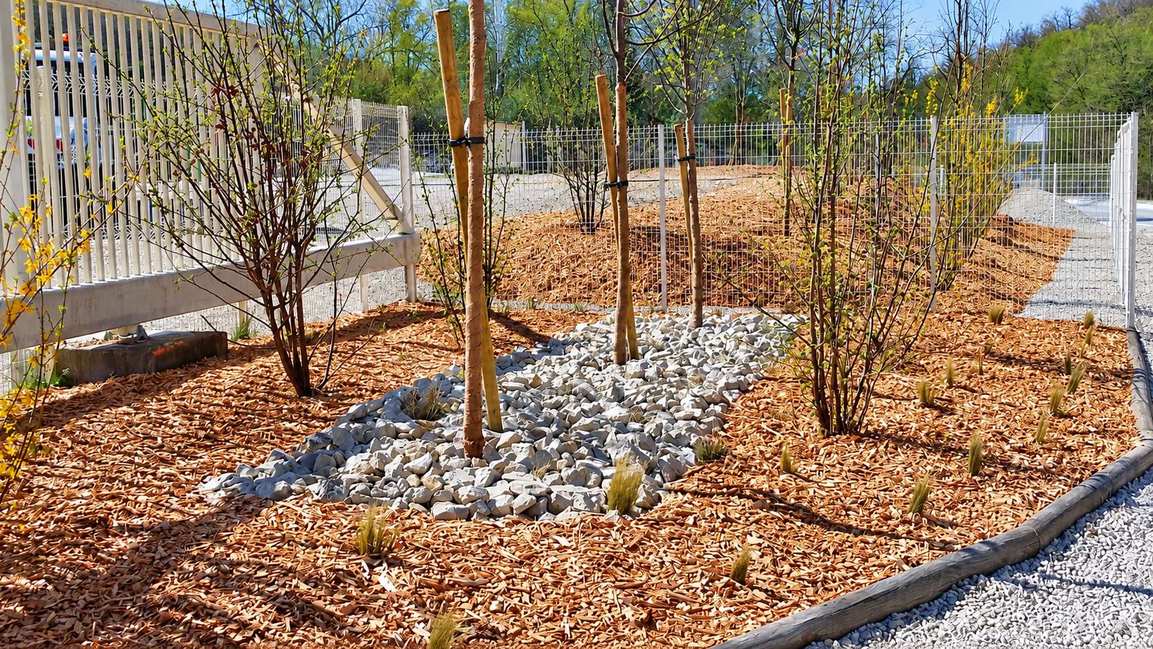 Un massif aménagé couvert de paillis de bois, avec de jeunes arbres tuteurés, des graminées et un lit de cailloux blancs le long d'une clôture.