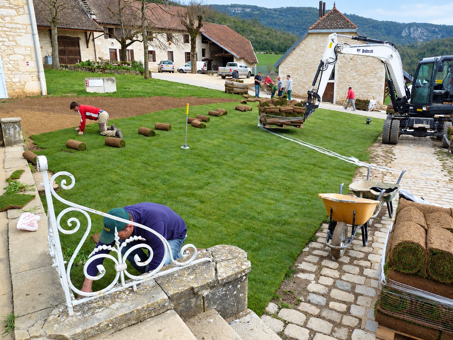 Des ouvriers déroulent du gazon en plaques dans la cour d'une ferme en pierre, avec une mini-pelle Bobcat et une brouette jaune au premier plan.