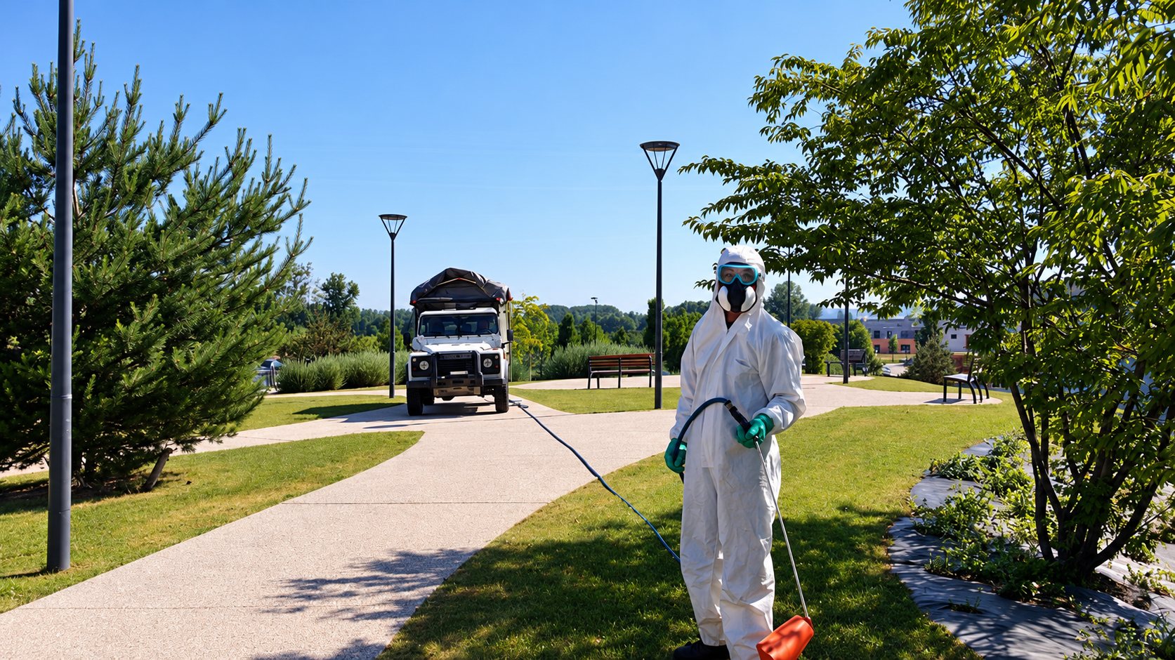 Un technicien en combinaison blanche, masque et gants verts pulvérise un produit sur la pelouse d'un parc, avec un véhicule tout-terrain garé au loin.