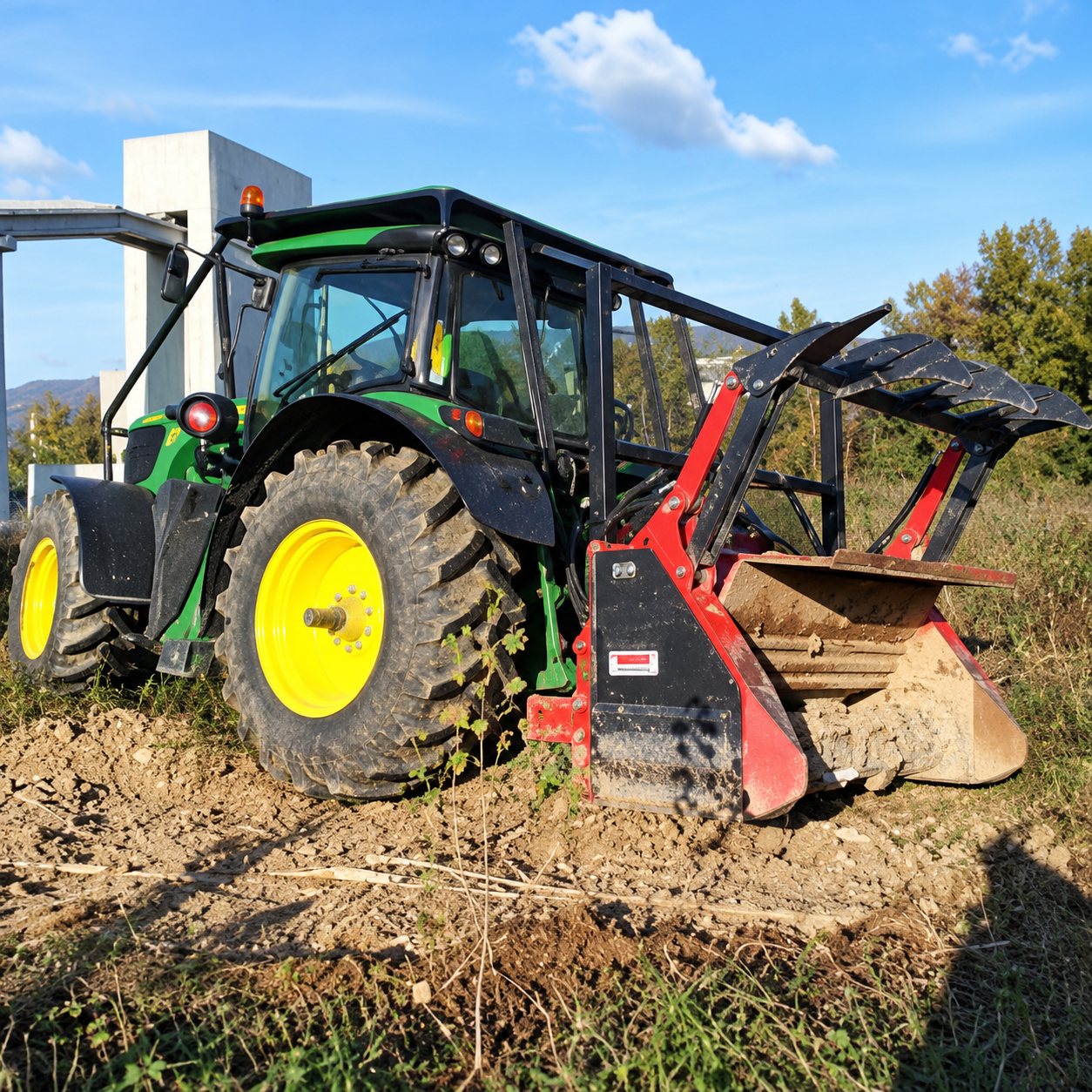 Un tracteur vert aux jantes jaunes équipé d'un broyeur forestier rouge travaille sur un terrain défriché, avec des arbres en arrière-plan.