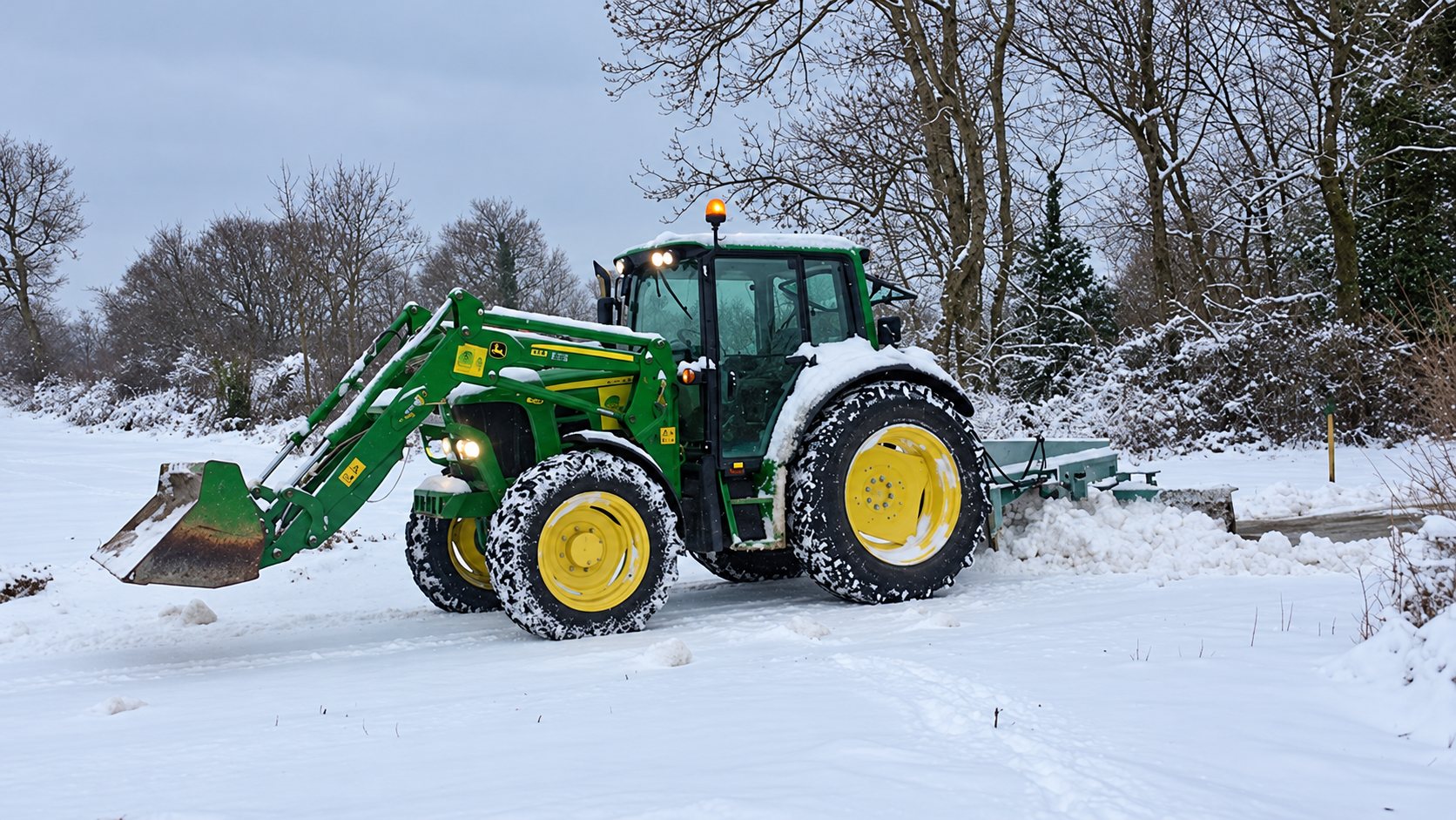 Un tracteur vert et jaune équipé d'un chargeur frontal et d'une lame dégage la neige sur un chemin entouré d'arbres givrés.